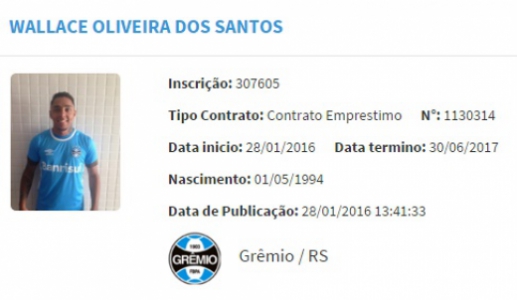Nome de Wallace foi registrado no sistema da CBF (Foto: Reprodução)