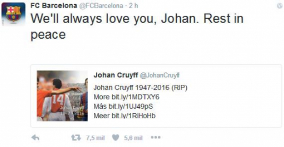 TuÃte do Barcelona em homenagem a Cruyff (Foto: Reprodução/Twitter)