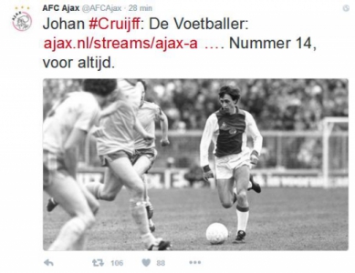 TuÃte do Ajax em homenagem a Cruyff (Foto: Reprodução/Twitter)