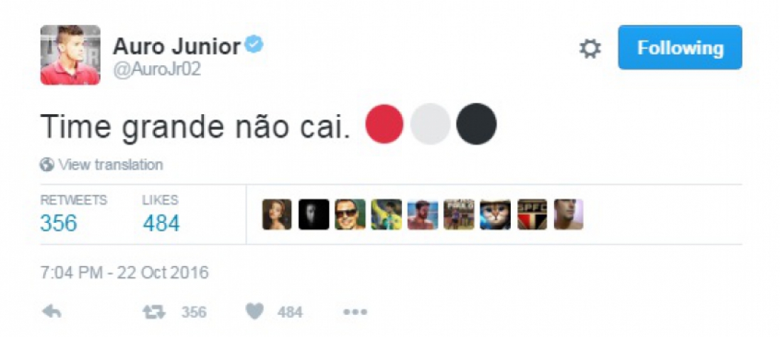 Mensagem postada por Auro após a vitória do Tricolor (FOTO: Reprodução/Twitter)