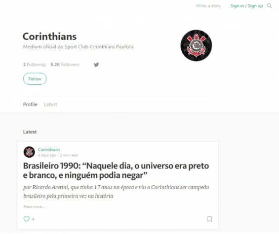 Página do Corinthians na plataforma Medium