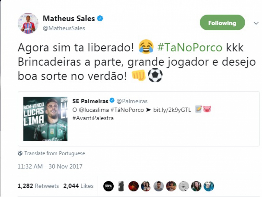 Matheus Sales dá boas-vindas a Lucas Lima no Verdão: 'Tá liberado'