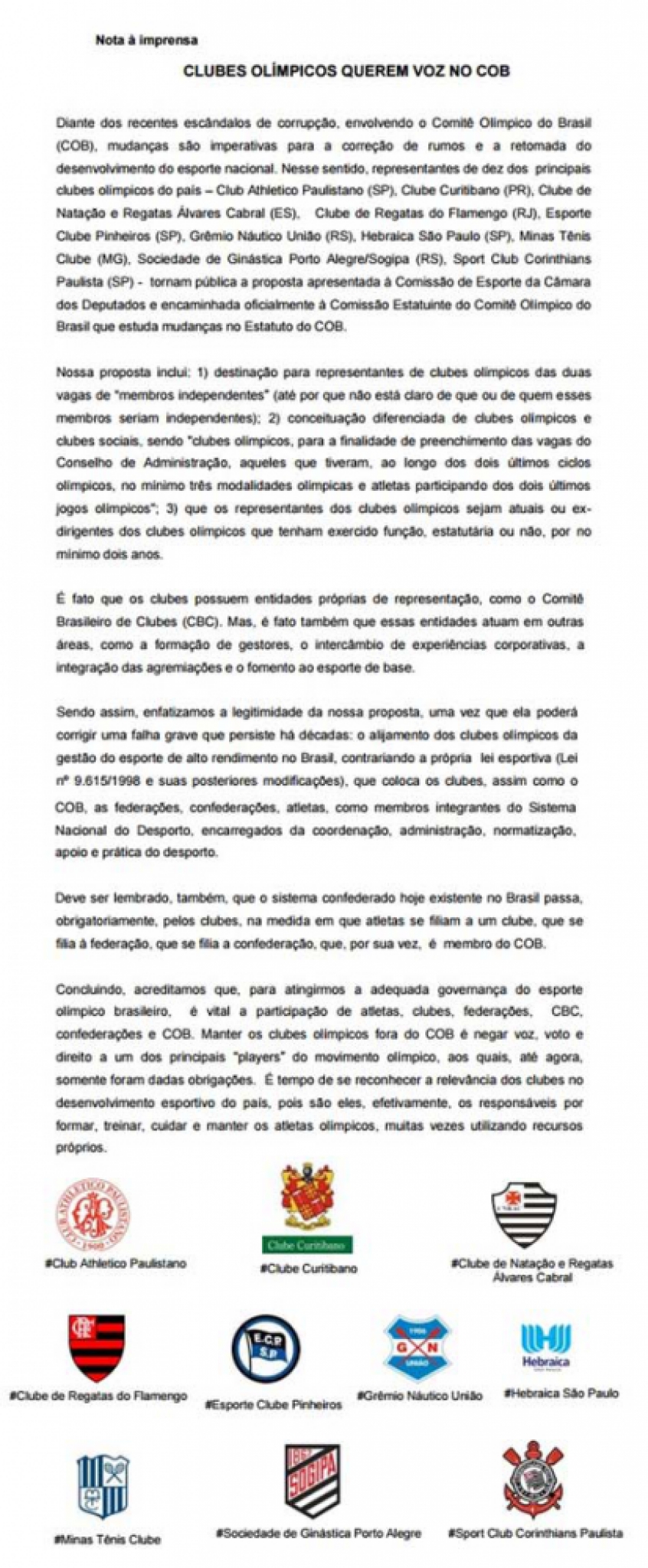 Clubes olímpicos se unem para pedir espaço no COB