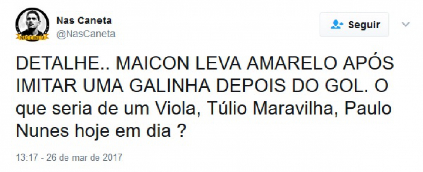 Maicon foi punido com amarelo após imitar uma galinha na comemoração do gol. Na web, internautas criticaram punição e comentaram sobre o gesto do zagueiro tricolor.