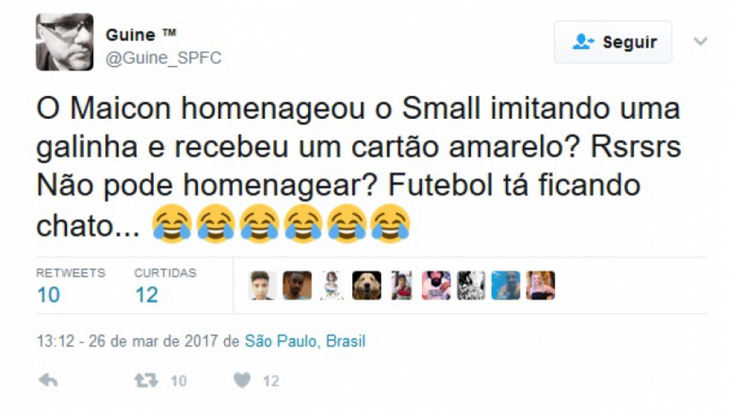 Maicon foi punido com amarelo após imitar uma galinha na comemoração do gol. Na web, internautas criticaram punição e comentaram sobre o gesto do zagueiro tricolor.