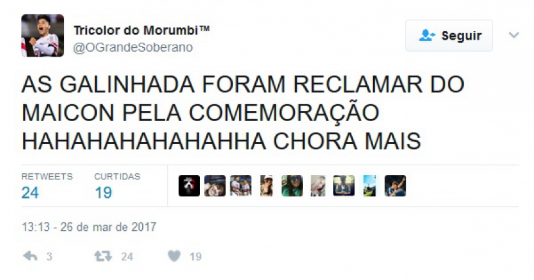 Maicon foi punido com amarelo após imitar uma galinha na comemoração do gol. Na web, internautas criticaram punição e comentaram sobre o gesto do zagueiro tricolor.