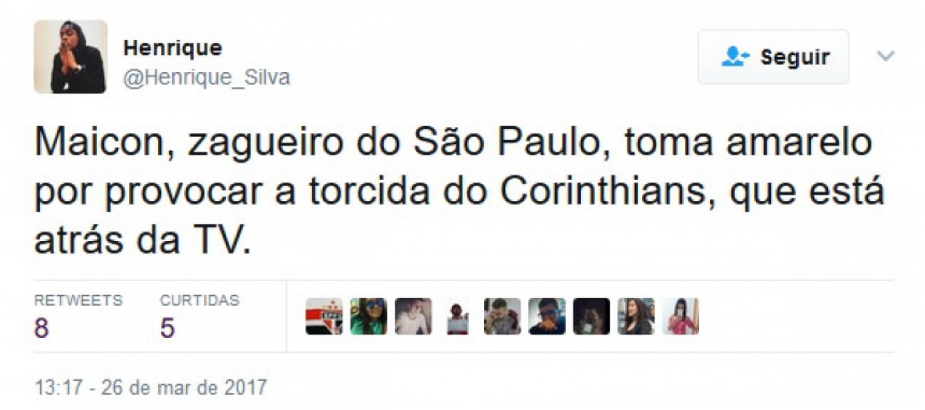 Maicon foi punido com amarelo após imitar uma galinha na comemoração do gol. Na web, internautas criticaram punição e comentaram sobre o gesto do zagueiro tricolor.