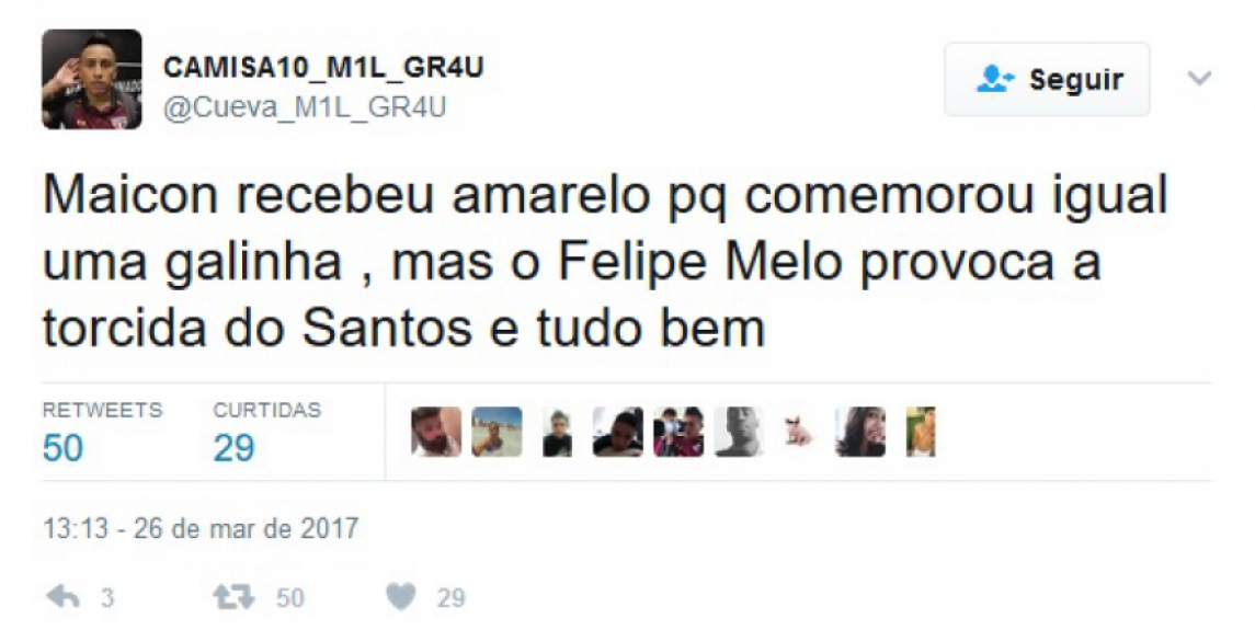 Maicon foi punido com amarelo após imitar uma galinha na comemoração do gol. Na web, internautas criticaram punição e comentaram sobre o gesto do zagueiro tricolor.