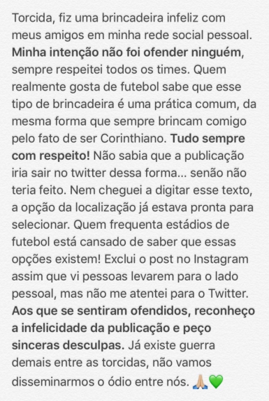 Com a repercussão negativa, Belutti apagou o post no Instagram e bloqueou a conta. No Twitter, pediu desculpas pelo ocorrido e postou um texto com justificativa