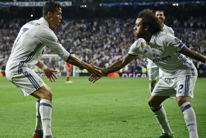 Marcelo e Cristiano Ronaldo comemoram a vitória sobre o Bayern, que levou o Real Madrid para as semifinais