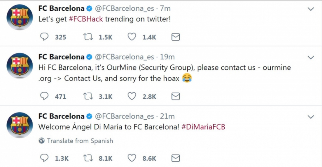Entenda o caso: hackers invadiram os perfis do Barcelona e deram as boas-vindas a Di María, suposta contratação. Em seguida, fizeram propaganda do grupo, tentando 'vender' o serviço de segurança online