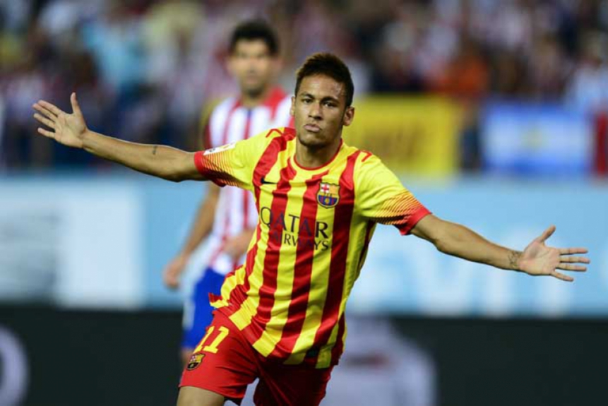 Neymar - O seu primeiro gol, contra o Atlético de Madrid pela Supercopa da Espanha, em 21 de agosto de 2013