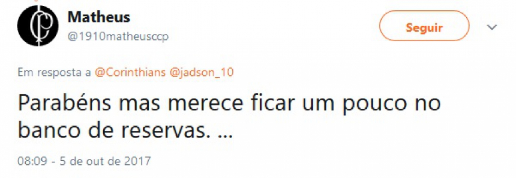 Torcedores aproveitaram post do Timão para cobrar Jadson
