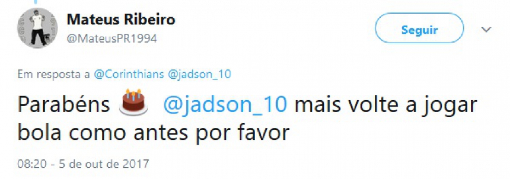 Torcedores aproveitaram post do Timão para cobrar Jadson