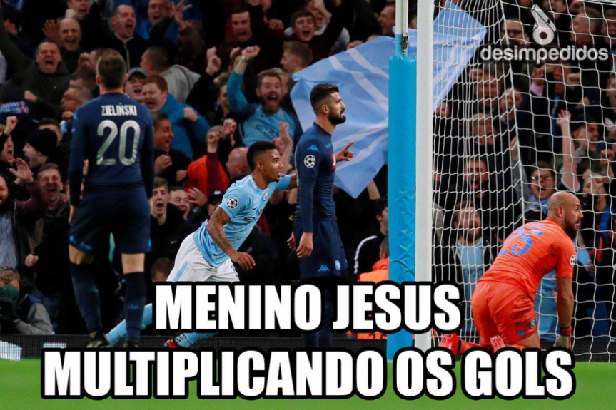 Após marcar gol na vitória do Manchester City contra o Napoli pela Champions, Jesus foi tema de brincadeiras