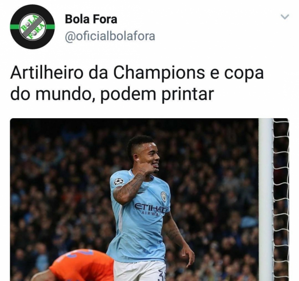 Após marcar gol na vitória do Manchester City contra o Napoli pela Champions, Jesus foi tema de brincadeiras