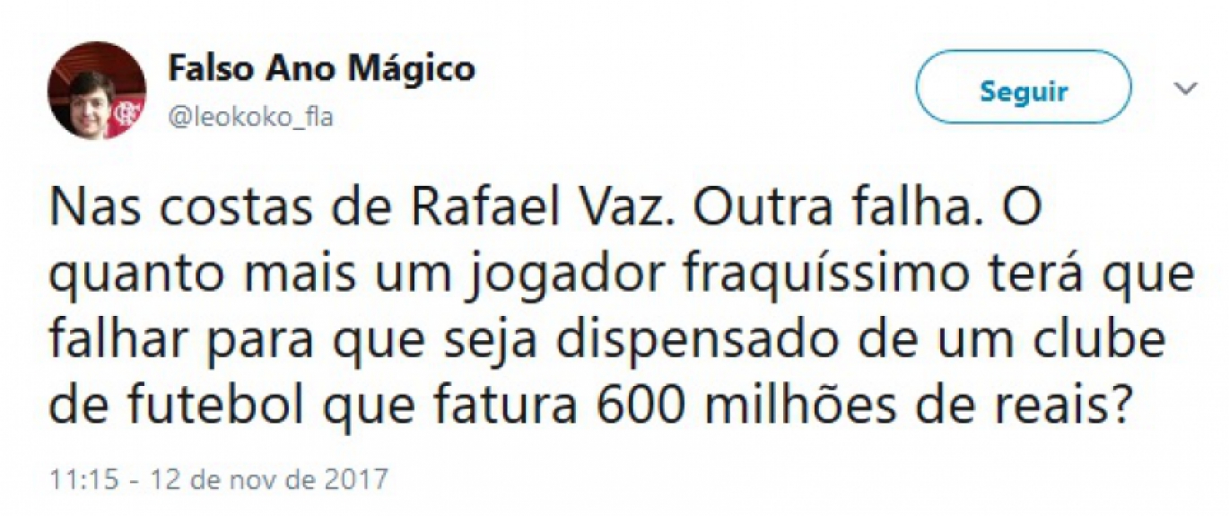 Rafael Vaz foi muito criticado nas redes sociais durante derrota para o Palmeiras