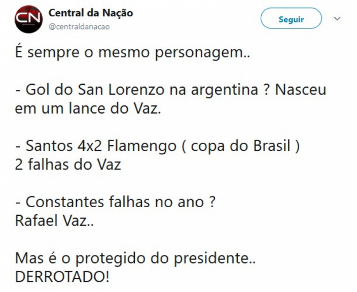 Rafael Vaz foi muito criticado nas redes sociais durante derrota para o Palmeiras