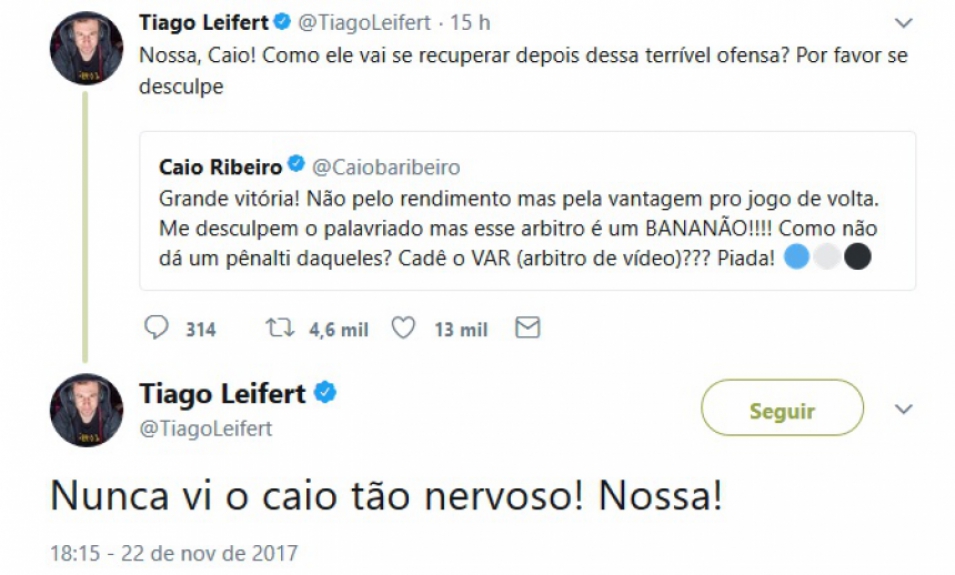 Amigo de Caio Ribeiro, Tiago Leifert brincou com a 'grosseria' do comentarista