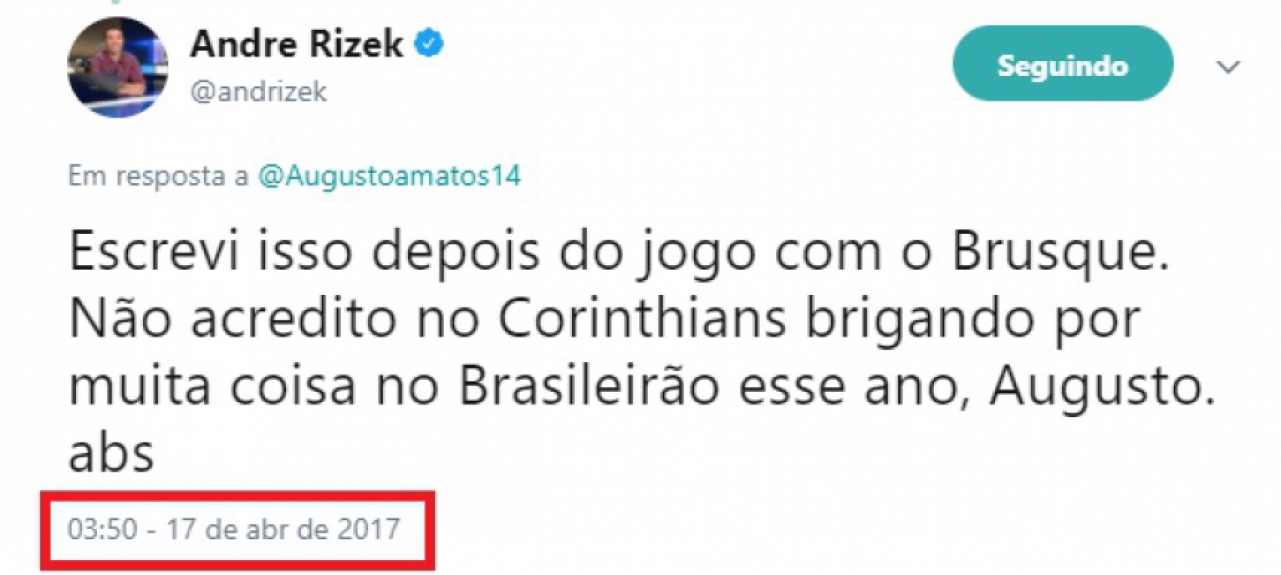 André Rizek, jornalista e apresentador do SporTV, foi mais um que afirmou que o Corinthians não brigaria por nada do Brasileirão