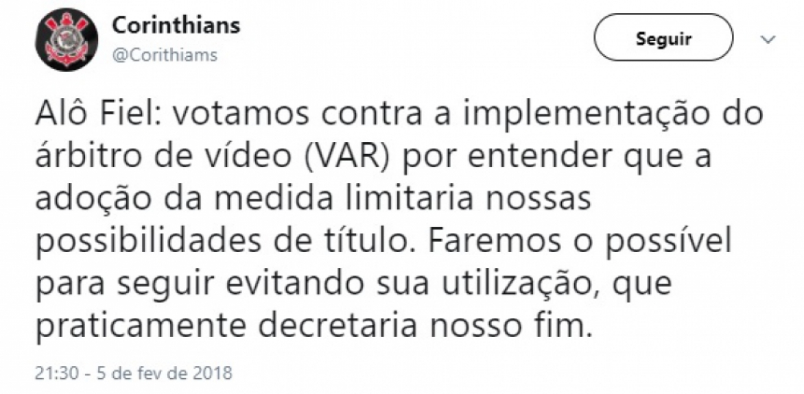 Torcedores rivais ironizam voto do Corinthians sobre o uso do VAR