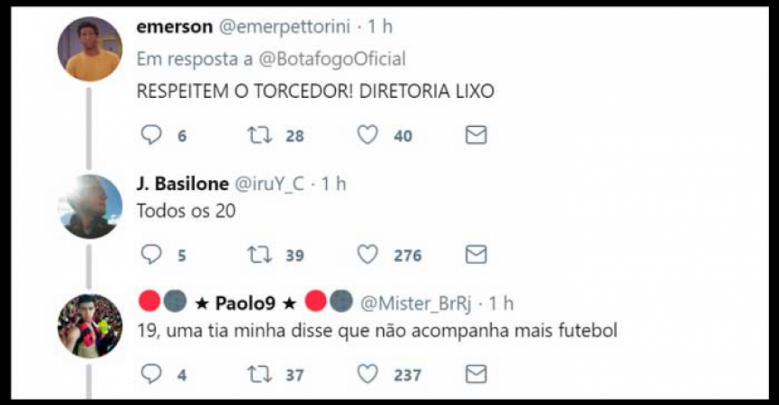 Revoltado com o vexame, um botafoguense criticou a diretoria do clube. Logo apareceu um rival para tirar sarro do tamanho da torcida e outro para complementar a piada
