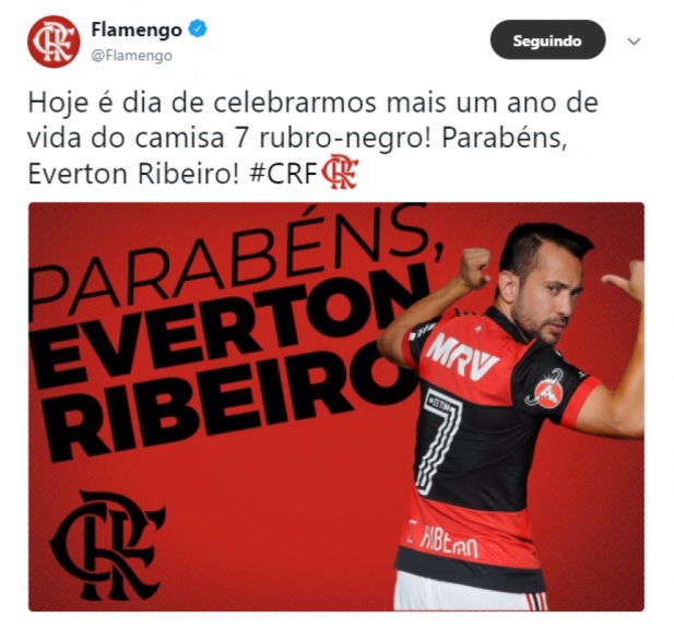 Flamengo parabeniza Éverton Ribeiro pelo aniversário