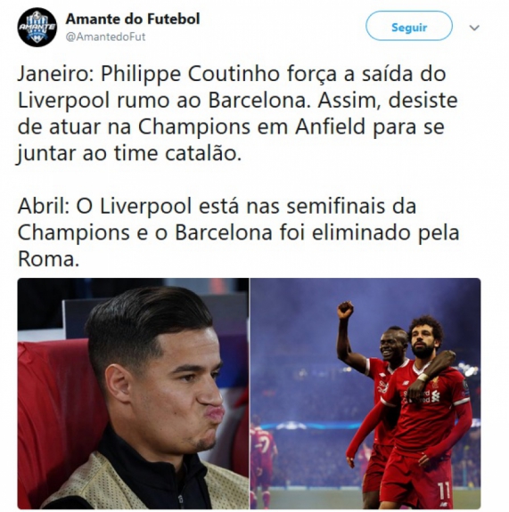Coutinho é zoado após eliminação do Barcelona e classificação do Liverpool na Liga dos Campeões