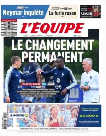Capa L'Équipe - 20/06/2018