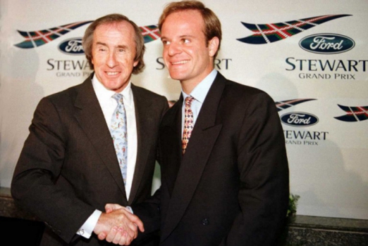 Rubinho cumprimenta Jackie Stewart no anúncio de sua mudança para a equipe Stewart, em 1997