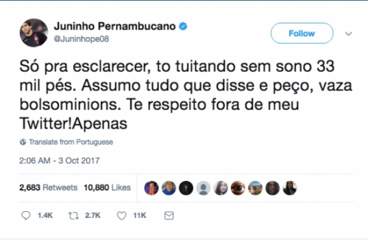 Juninho Pernambucano se envolve em polêmica com seguidores de Bolsonaro