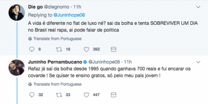 Juninho Pernambucano se envolve em polêmica com seguidores de Bolsonaro