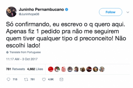 Juninho Pernambucano se envolve em polêmica com seguidores de Bolsonaro