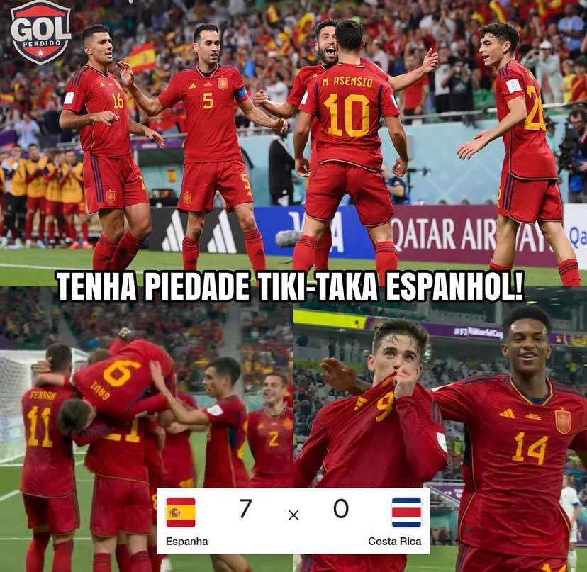 Goleada de 7x0 da Espanha contra a Costa Rica rende enxurrada de memes