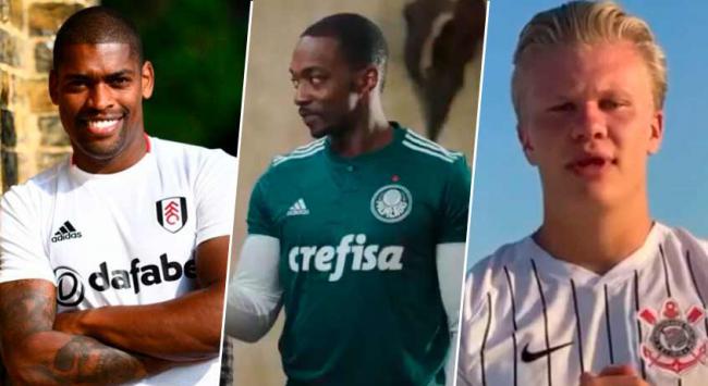 Ivan Cavaleiro (atacante do Fulham), Anthony Mackie (camisa do Palmeiras) e Haaland (camisa do Corinthians)