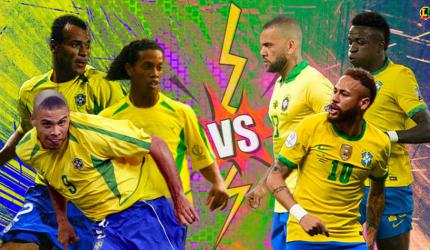 Cafú, Ronaldinho e Ronaldo de um lado meio que encarando Daniel Alves, Vini Jr e Neymar do outro, respectivamente, todos com a camisa da Seleção Brasileira.