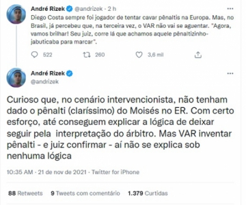 Rizek sobre Diego Costa, no Twitter