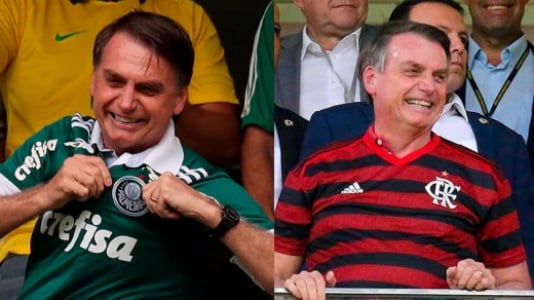 Bolsonaro vestindo as camisas do Palmeiras e do Flamengo