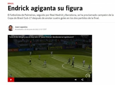 Jornal "As", da Espanha, exaltando Endrick, do Palmeiras