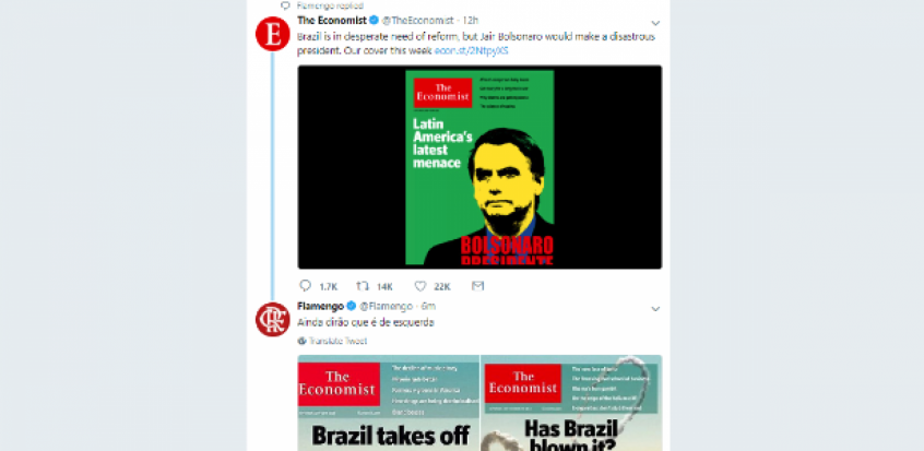 Flamengo faz Post no Twitter contra Bolsonaro, mas logo em seguida apaga