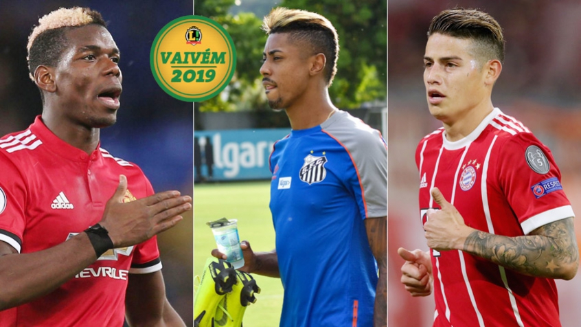 Montagem com Pogba, Bruno Henrique e James Rodrigues, com a logo do Vaivém.