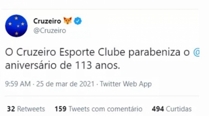 O Cruzeiro devolveu a gentileza do rival, que o parabenizou no dia 2 de janeiro, data do aniversário da Raposa