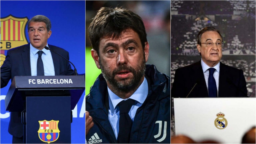 Joan Laporta, Andrea Agnelli e Florentino Pérez, presidentes de Barcelona, Juventus e Real Madrid, respectivamente, clubes que ainda desejam a fundação da Superliga Europeia