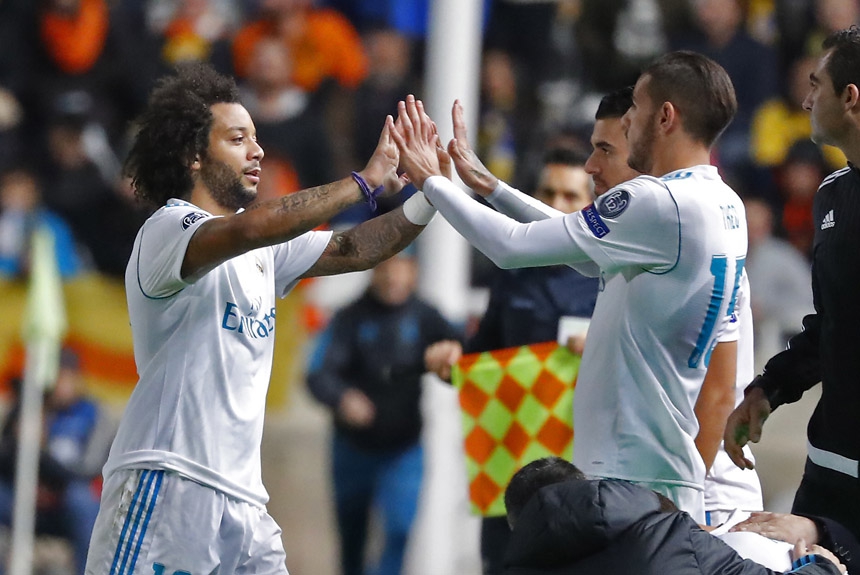 Marcelo (Real Madrid) - Com Casemiro no branco, o Real Madrid só contou com um brasileiro para golear o APOEL, fora de casa, por 6 a 0. Marcelo jogou, e jogou bem, dando, inclusive, uma assistência para um dos dois gols de Cristiano Ronaldo. (Foto: JACK G