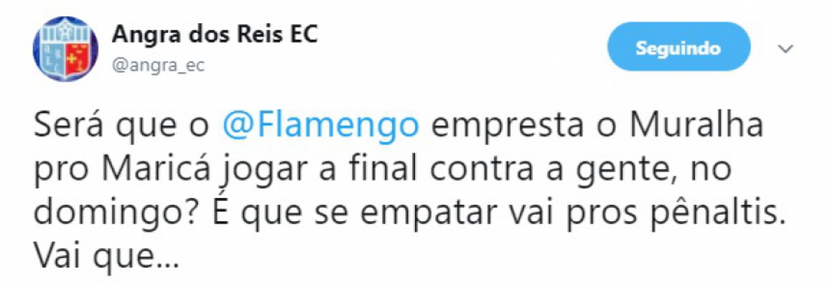 O Angra dos Reis é uma das mais novas sensações das redes sociais. Em um dos posts, o clube do interior do Rio de Janeiro tentou empurrar o goleiro Muralha para o Maricá, adversário da final do segundo turno da Série B2 do Campeonato Carioca
