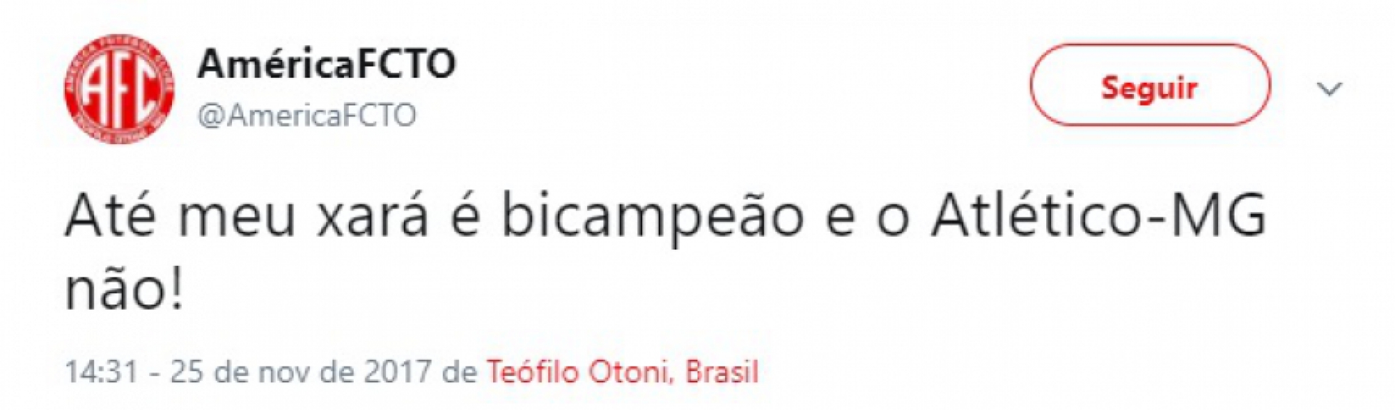 O clube mineiro aproveitou o título da Série B do América-MG para cutucar o Galo