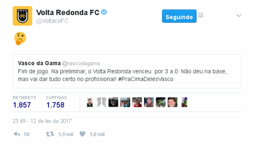 O Volta Redonda foi sucinto na zoeira ao Vasco. No início do ano, o clube da Cidade do Aço ganhou o Cruzmaltino na base e também no profissional