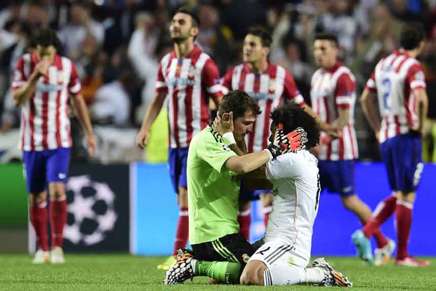 Real Madrid e Atlético de Madrid fizeram uma final espanhola em 2014. Os merengues perdiam até os acréscimos do segundo tempo, quando Sergio Ramos empatou e levou a decisão para a prorrogação. No tempo extra um show do Real, que fechou o jogo em 4 a 1.