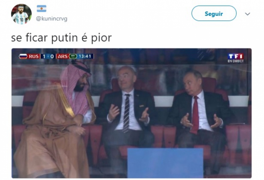 Humor na Copa: Putin, Infantino e príncipe saudita após o gol da Rússia