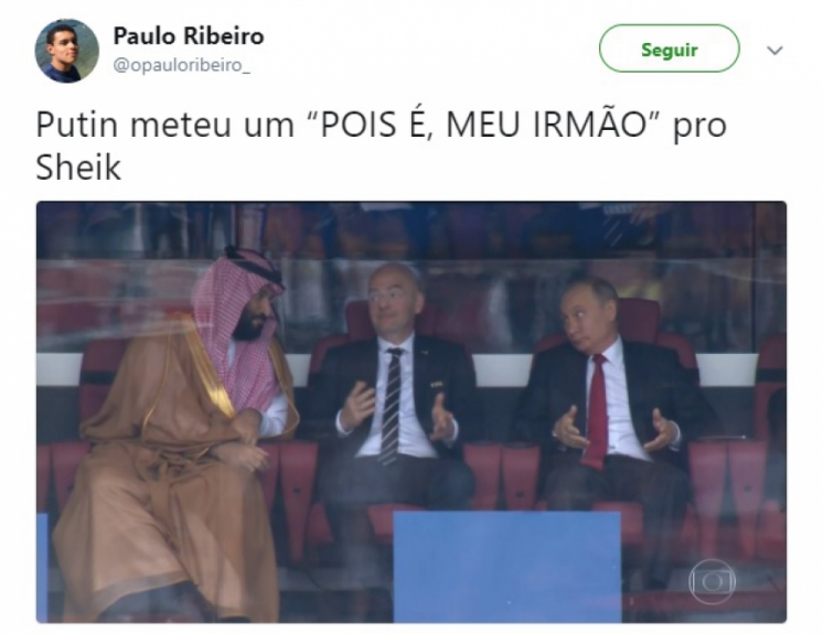 Humor na Copa: Putin, Infantino e príncipe saudita após o gol da Rússia